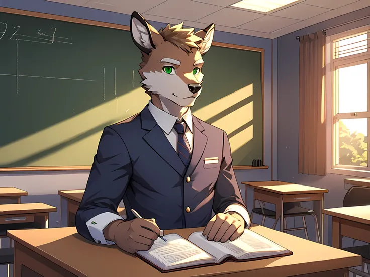 furry,alone,arctic deer,man,Emerald green eyes(Realistic eye detail),perfect anatomy,Wearing a high school teacher&#39;s uniform&#39;Uniform 1.2,Stand in the classroom,morning,HDR,8ก