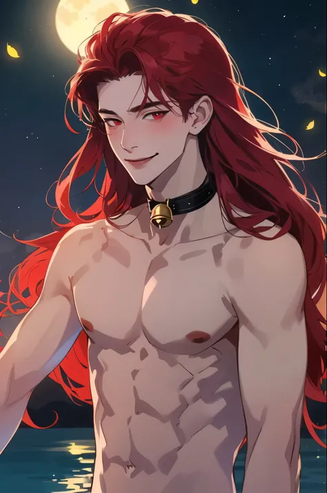 Man, (Solo), 18-years-old, red eyes,(Red long hair),  (collar with bell), (smiling blush), (night), shirtless, (moon), anime, Lake with fireflies background