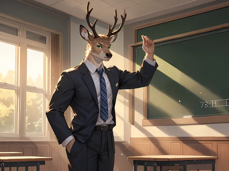 furry,alone,arctic deer,man,Emerald green eyes(Realistic eye detail)beautiful deer antlers,Serious face,handsome,perfect anatomy,Wearing a high school teacher&#39;s uniform&#39;Uniform 1.2,black shorts,Stand in the classroom,morning,beautiful light,Realist...