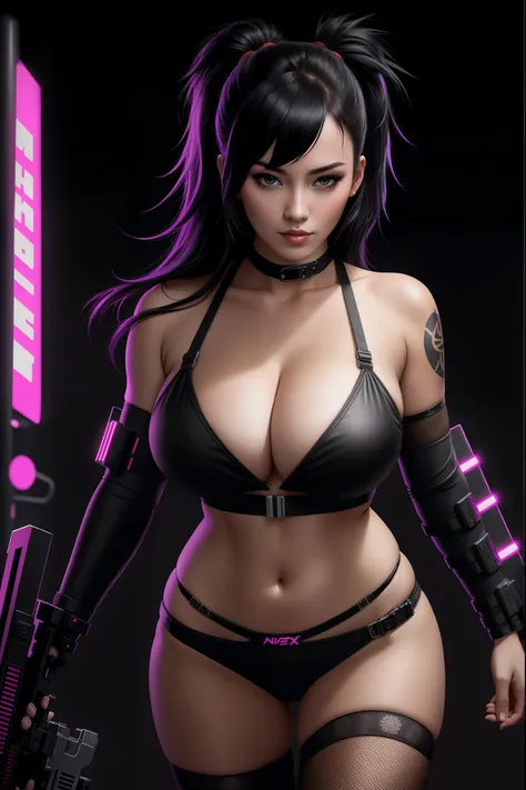 there is a Japanese Masked Ninja woman standing, 3 d neon art of a womans body, neon-noir background, cyberpunk femme fatale, seductive cyberpunk dark fantasy, cyberpunk strip clubs, cyberpunk 20 y. o model girl, oppai cyberpunk, banner, high definition cg...