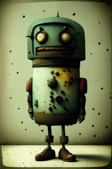 retro bipedal robot, earth color, punk, Happy, Optimistic, don hertzfeldt, Hieronymus Bosch, Gabriel Pacheco