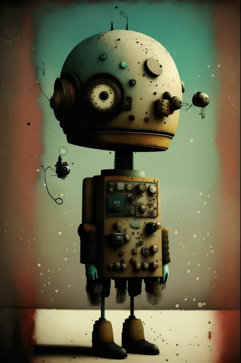 retro bipedal robot, earth color, punk, Happy, Optimistic, don hertzfeldt, Hieronymus Bosch, Gabriel Pacheco