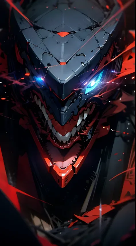 Anime humanoid monster, Character Design,Wearing a futuristic mouth mask,grin and laugh,boy,maniac,Confused appearance,close up shot, vibrant eye color,red and blue eyes, close up shot, create a rift in reality, powerful aura, destroyed city, very dark,nig...