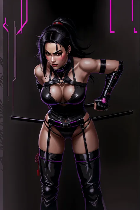 there is a Japanese Ninja woman standingneon-noir background, cyberpunk femme fatale, seductive cyberpunk dark fantasy, cyberpunk strip clubs, gigantic breasts, cleavage, beautiful face, beautiful body, beautiful eyes nose lips, alluring expression, full b...