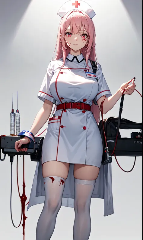 White hospital ward background,Hanging bottle,blood transfusion,light pink hair,Standing close-up,dream world,Sister nurse,(Handheld needle tube),Messy hair,Elongated danphoenix eyes,(white nurse,Handheld needle tube,Loose white nurse gown,Scars and blood ...