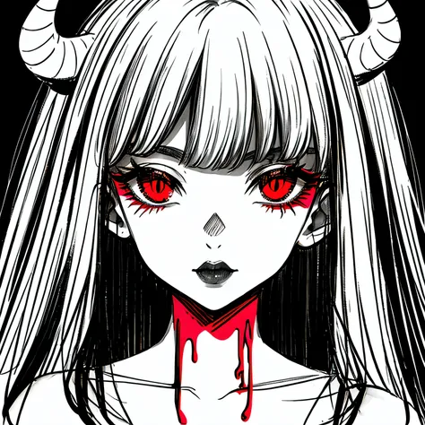 make a horror portrait of a devil horned girl with red blood in her face black and white colors