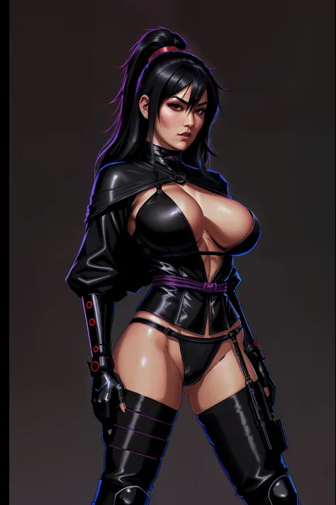 there is a Japanese Ninja woman standingneon-noir background, cyberpunk femme fatale, seductive cyberpunk dark fantasy, cyberpunk strip clubs, gigantic breasts, cleavage, beautiful face, beautiful body, beautiful eyes nose lips, alluring expression, full b...