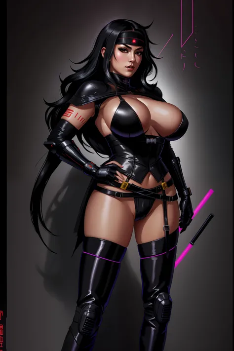 there is a Japanese Ninja woman standingneon-noir background, cyberpunk femme fatale, seductive cyberpunk dark fantasy, cyberpunk strip clubs, gigantic breasts, cleavage, beautiful face, beautiful body, beautiful eyes nose lips, alluring expression, full b...