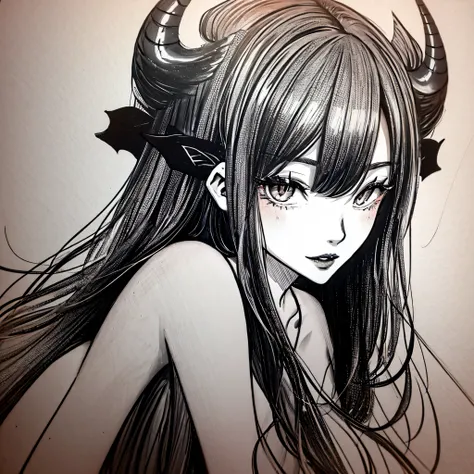 make a portrait of a devil horned girl in black and white colors