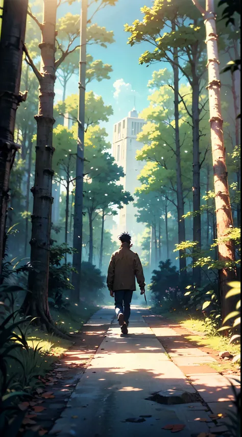 (best quality, 4k, 8k, highres, masterpiece:1.2), ultra-detailed, (realistic, photorealistic, photo-realistic:1.37), a boy walking down a dirt road in the middle of a forest, masterpiece, cinematic angle, dynamic framing, 1990s vintage looking cel-shaded a...