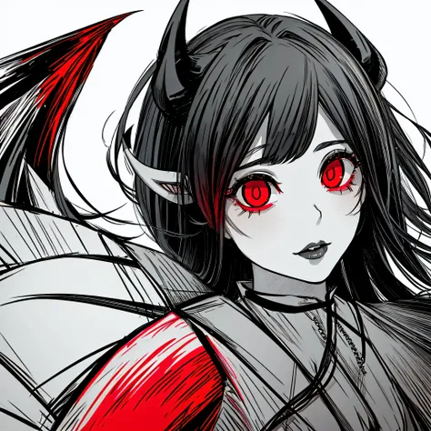 make a horror portrait of a devil horned girl with red eyes in black and white colors