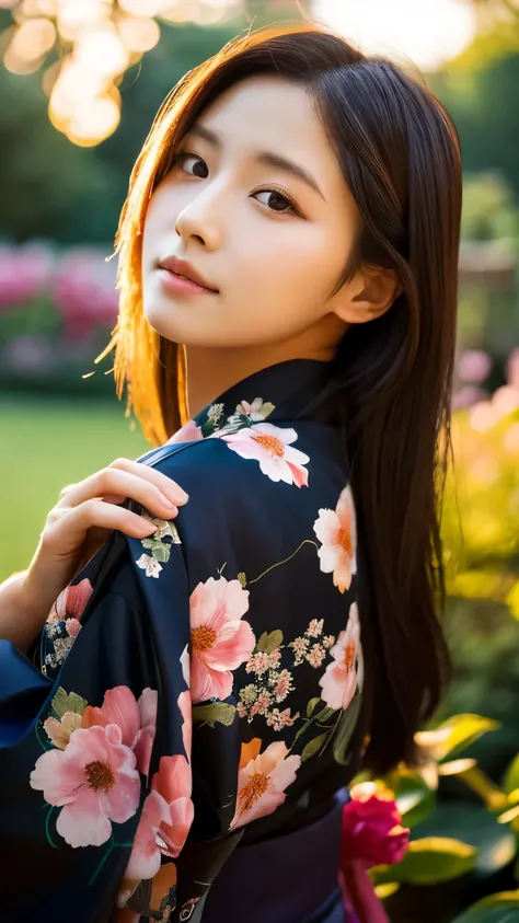 Beautiful Japanese supermodel woman, A lock of hair with slight highlights, black eyes, mixed media, Sexy，garden background，Gorgeous kimono , Liquid color flows across her face, sunset，Photographed by Wang Luodan