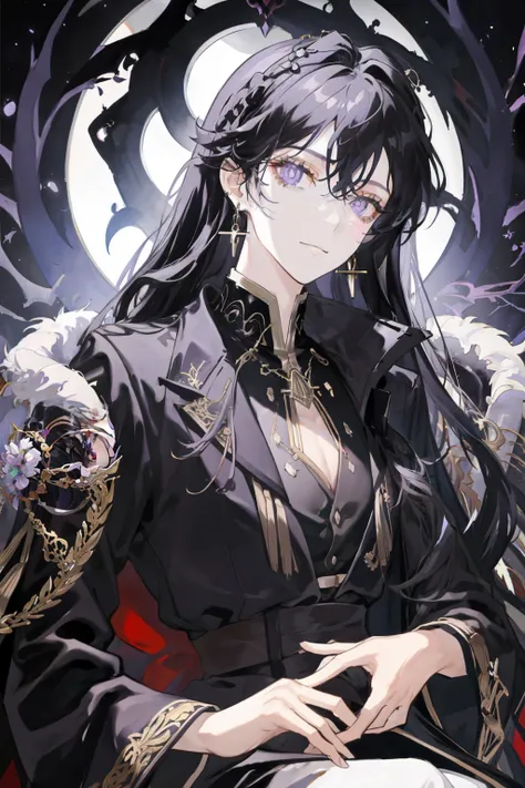 antiquity，male，long black hair，light purple pupils，Black gold pattern long coat，Gorgeous earrings