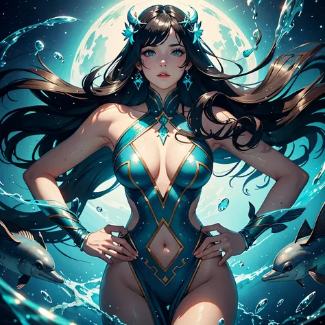 Zoom in Portrait Very beautiful water nymph swimming with dolphins Undine (Masterpiece), smiling, school of small fish, watery black Hair, (Masterpiece), Fantastic sunlight, Bubbles dancing on water, Very beautiful woman, Fantasy, Beautiful dancing pose, F...