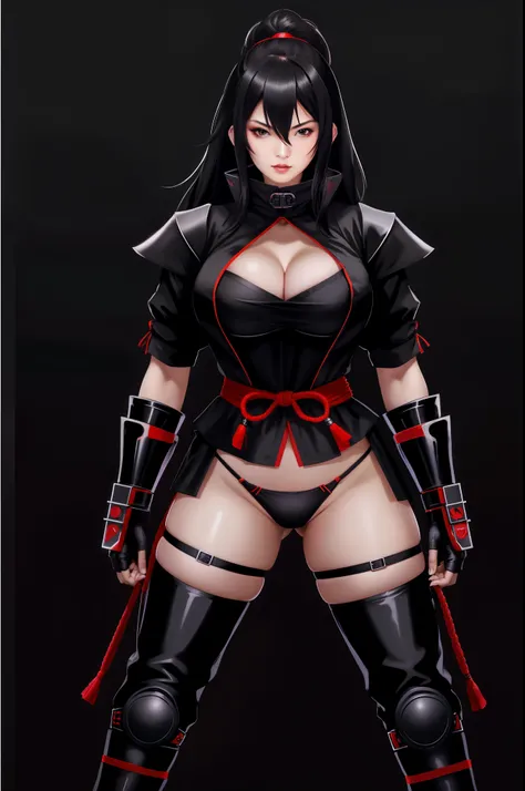 Japanese Ninja woman, seductive cyberpunk dark fantasy, gigantic breasts, cleavage, beautiful face, beautiful body, beautiful eyes nose lips, alluring expression, full body photo, standing legs apart(well defined pubic hair:1.2)), (dark plain black backgro...