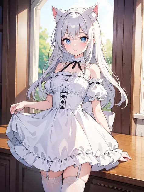 masterpiece, {{{{Highest quality}}}}, beautiful,1 girl, White_hair, cat ears(White), cat tail(White), frilled choker、miniskirt_dress, bare_shoulders, garter belt,garter straps