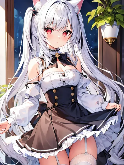 masterpiece, {{{{Highest quality}}}}, beautiful,1 girl, White_hair, cat ears(White), cat tail(White), frilled choker、miniskirt_dress, bare_shoulders, garter belt,garter straps