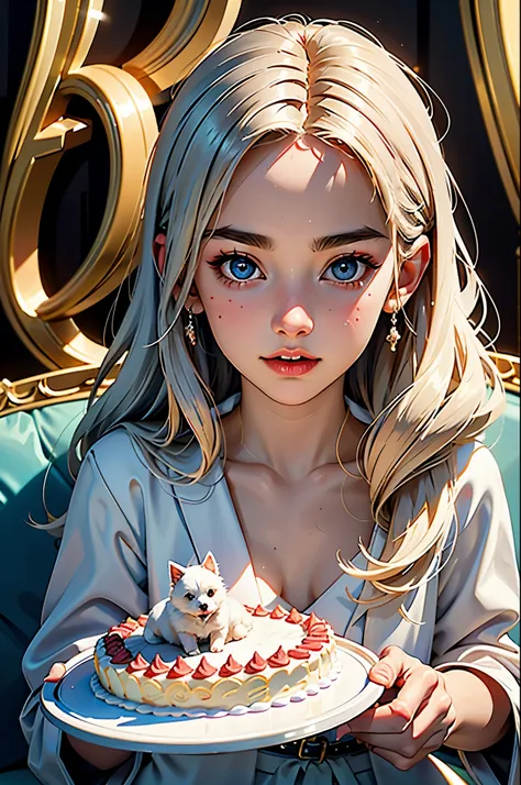 The woman is sitting on the couch with a small white Pomeranian crawling on her lap, in front of a birthday cake, making a wish on the birthday cake, celebrating her birthday, she is around 1 6 years old, white skin, facial features delicate