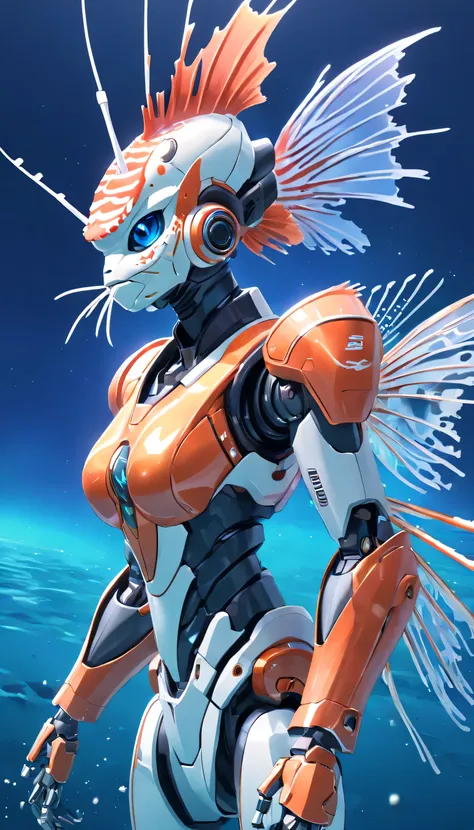 (A cybermecha lionfish with a sense of transparency:1.5), (Cyber Mecha Lionfish:1.5), (Fondo de pantalla CG unity 16k extremadamente detallado:1.1), (Noise Removal Force: 1.45), (tobra maestra:1.37), (posando de cuerpo entero:1.4:), longitud entera, dynami...