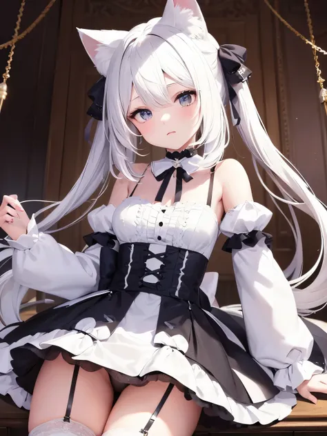 masterpiece, {{{{Highest quality}}}}, beautiful,1 girl, White_hair, cat ears(White), cat tail(White), frilled choker、miniskirt_dress, bare_shoulders, garter belt,garter straps