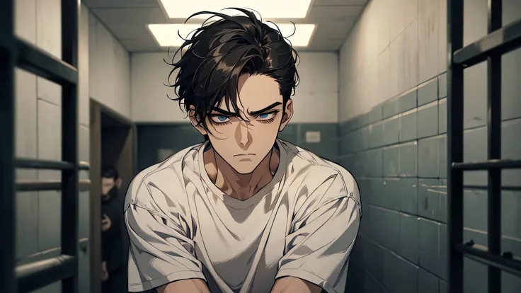 there is 21 years old handsome guy，White T-shirt，black long pants，A gentle face，A dark-haired、sad face, frown, Eyes drawn in detail、a handsome、Cinematic power、detailed eyes, detailed face, detailed nose, in a prison, in a prison cell, angry expressions, fa...