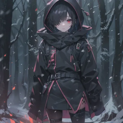 blood red eyes, black hair, black platform boots, Short hair details, black thigh socks, hair covering one eye, black hoodie, black thigh strap, black belt,night，black skirt，forest full of snow，little girl