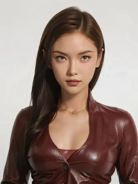 best quality, realistic, white background, KristannaTX, (a female Indonesian supermodel), (wine red leather jacket:1.1), seductive smile, (dark hair), (long straight hair:1.0), perfect eyes, sharp details, detailed face, (face makeup), (cheeks blush), (eye...