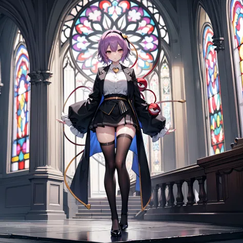 satori toho character, solo, standing, stained glass, break, short hair, huge breasts, (inconceivably thin waist), very long leg...