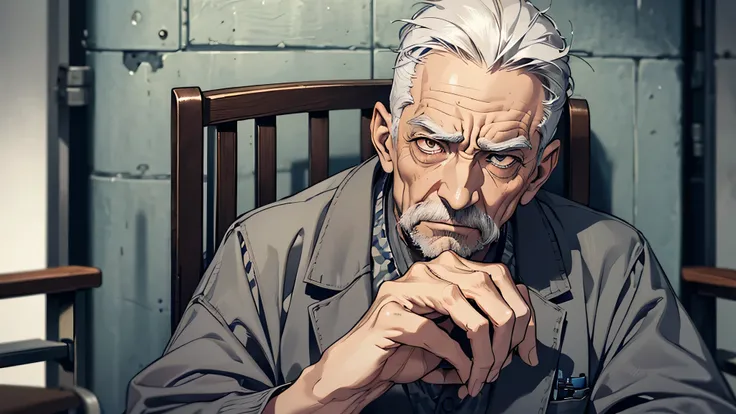 An old man with gray hair，Sneering expression，disdain, An old man，wrinkle on face, gray hair, detailed eyes, detailed face, detailed nose, disgusting face, talking something, in a prison, in a cell prison, sitting in a chair, depressed expressions, sitting...