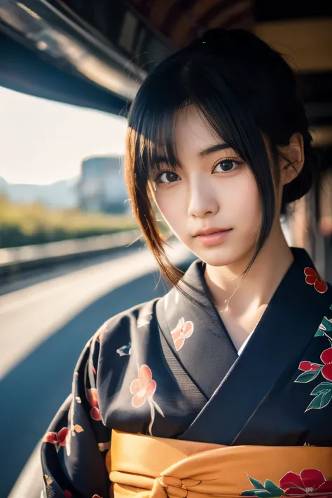 A 20-year-old Japanese supermodel girl，black hair，Ukiyo-e kimono，Japan Highway Background，a ray of light，Beautiful facial lighting，Large，Photographed by Yui Aragaki，6 o&#39;clock