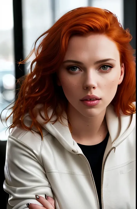 a photo of a seductive Scarlett Johansson with loose styled (redhead hair:1.1), enjoyed, in cafe, she is wearing a hoodie and white leather jacket and leggings, no makeup, natural face, (textured skin, skin pores:1.1), (moles:0.8), imperfect skin, goosebum...