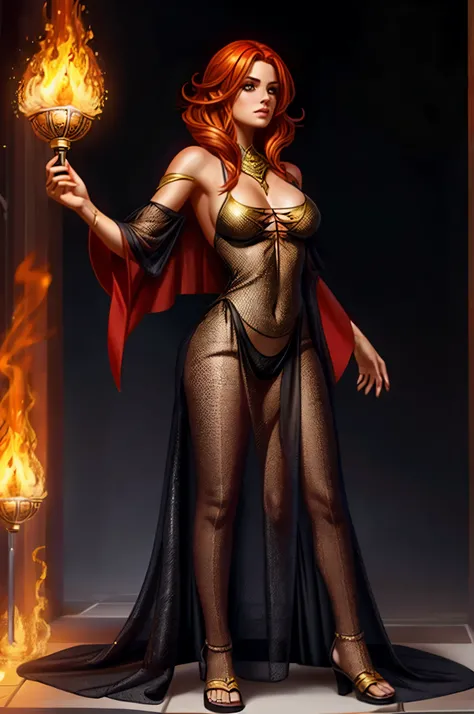 1girl, sorceress, full body shot, see through robe, fiery hair, fire mage