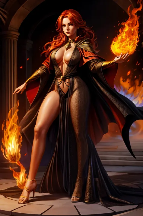 1girl, sorceress, full body shot, see through robe, fiery hair, fire mage