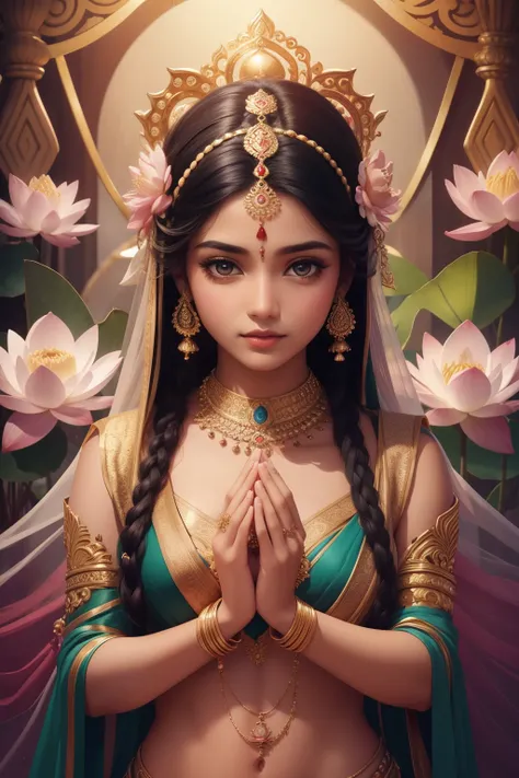 A captivating depiction of a girl from India mythology, features three heads gracefully placed on a single body, and the addition of six limbs, each adorned with delicate lotus flowers. Her extra arms are extended in welcoming poses, emanating a sense of p...