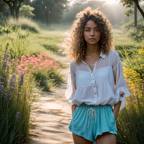 gorgeous freckly blonde curvy woman, (25 anos:1.5), estilo de david hamilton, summer, moist, backlight, hora dourada, breathtaki...