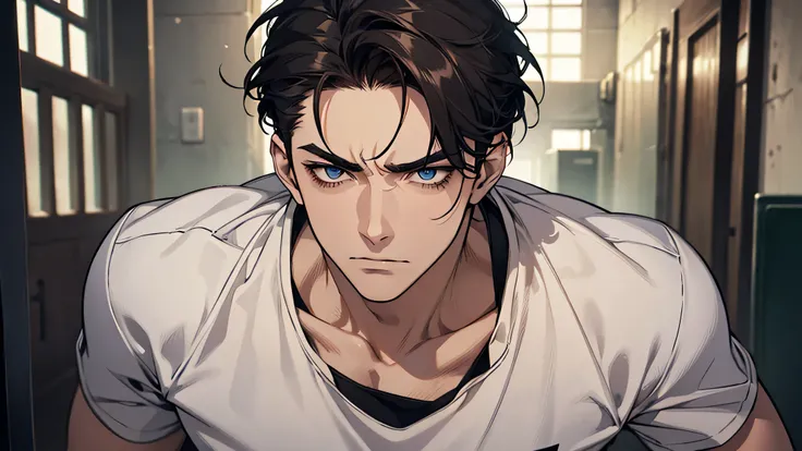 there is a 21 years old handsome guy，White T-shirt，black long pants，A gentle face，A dark-haired、sad face, frown, Eyes drawn in detail、a handsome、Cinematic power、detailed eyes, detailed face, detailed nose, in a prison, in a prison cell, angry expressions, ...