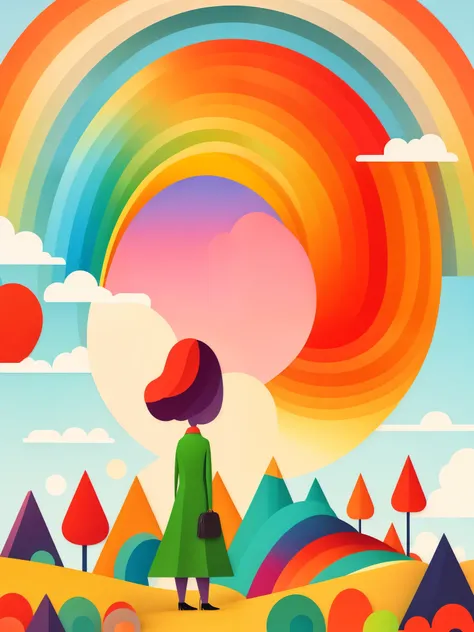 art illustration，rainbow，portrait，trees，colorful, rainbow, small , Contrasting colors, in the spring landscape, icon design, Rozmin trip, vector art, (1 girl), alone，Abstract surreal colors, popular geometric surrealism, rainbow色的梦想