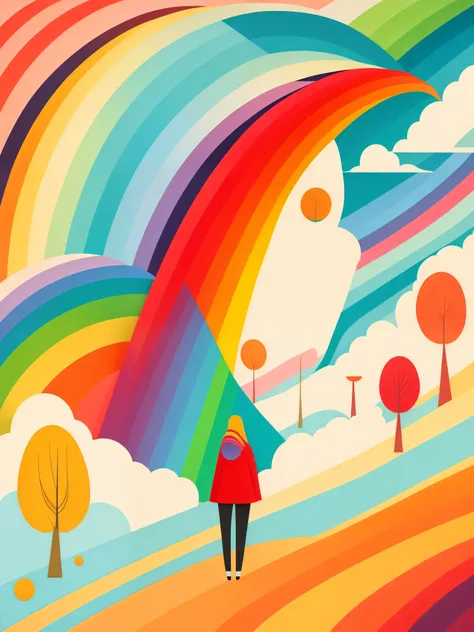 art illustration，rainbow，portrait，trees，colorful, rainbow, small , contrasting colors, in the spring landscape, icon design, roz...