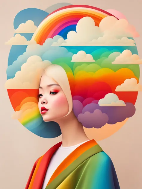 （masterpiece，best quality：1.2），art illustration，girl portrait，Often neck，Hair covered with clouds，Baiyun，rainbow，composition，stitching，trees，rainbow，Contrasting colors，Spring landscape，Abstract surreal colors，rich and colorful，pop geometric surrealism，rain...