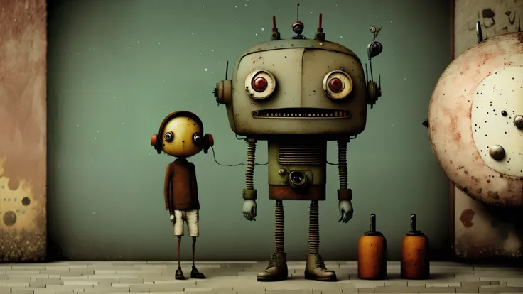 retro bipedal robot, earth color, punk, Happy, Optimistic, don hertzfeldt, Hieronymus Bosch, Gabriel Pacheco）（Background → Attic with lots of dusty junk）