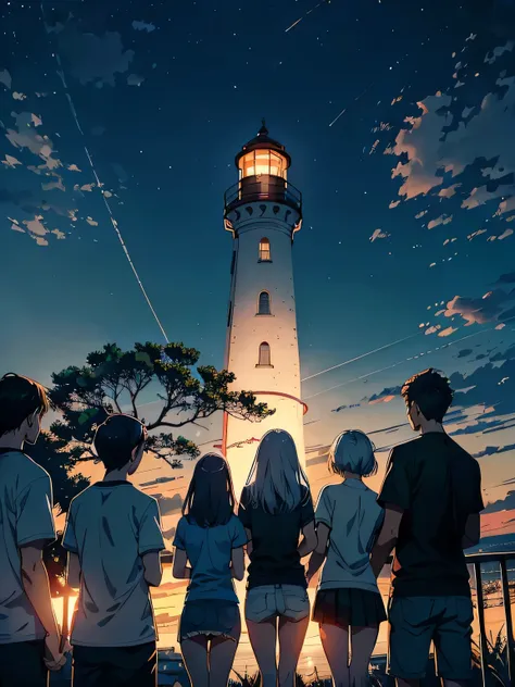 cena de anime de um grupo de pessoas em frente a um farol, watching the sunset. anime, makoto shinkai cyril rolando, ( ( makoto shinkai ) ), Linda cena de anime, in estilo de makoto shinkai, anime linda cena de paz, Mokoto Shinkai, estilo de makoto shinkai...