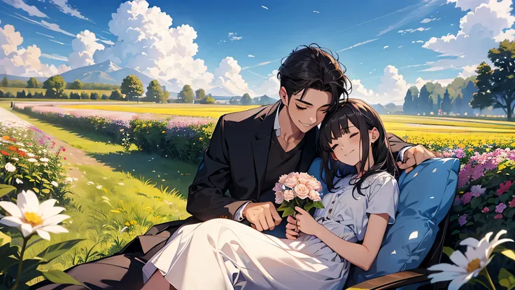 couple, 1girl, 1boy, boy sleep on girls lap, smile, laugh, romantic atmosphere, behind the flower, flower field, blue sky, landscape, mondstadt, , families could have been more tranquil
