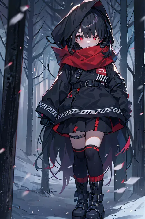 blood red eyes, black hair, black platform boots, Short hair details, black thigh socks, hair covering one eye, black hoodie, black thigh strap, black belt,night，black skirt，forest full of snow，little girl