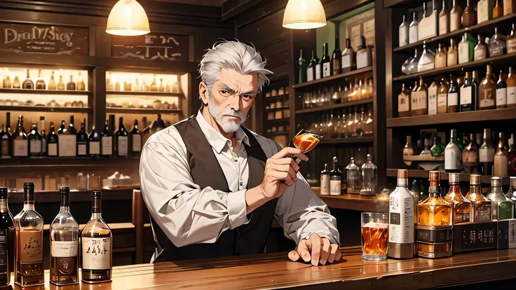 Gray-haired old manMan in his 40s、４Ｋpicture quality、An ultra-high picture quality、Real like a real human、Order whiskey from the shot bar、Dim shop、Stylish interior、Counter Table、A shop full of whiskey bottles, He said had 7 bottles of soju so he wasn’t sane...