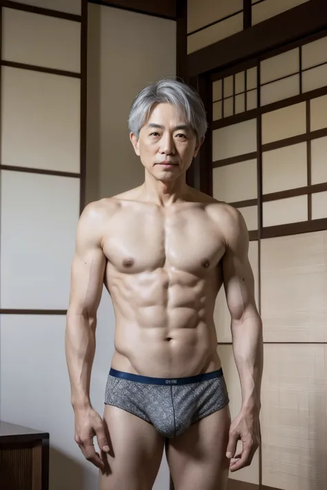 Japanese man in his 70s holding a product package。standing position。gray hair。looking at the camera。long shot。realistic。Topless。In underwear。