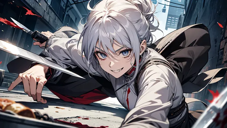 A beautiful old woman snatching a knife and chasing her enemies、There is blood on her clothes and cutlery...、She seems to be chasing her enemies with a fearful smile、（Anime style）、