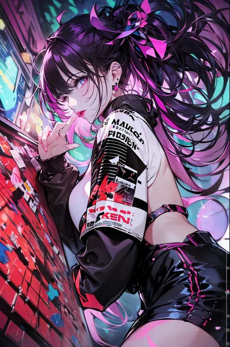 hair above one eye, red eyes, clear eyes, choker, neon shirt, torn legwear, open jacket, towards the wall, brick wall, graffiti,...