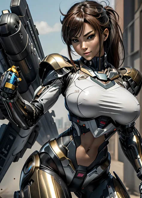 rough skin, Super detailed, advanced details, high quality, 最high quality, High resolution, 1080P, hard disk, beautiful,(cyborg),(Missiles from the chest),(Machine gun from both hands),beautifulcyborgの女性,メカcyborg少女,battle mode,Mecha body girl,彼女は武器を持ったバトルc...