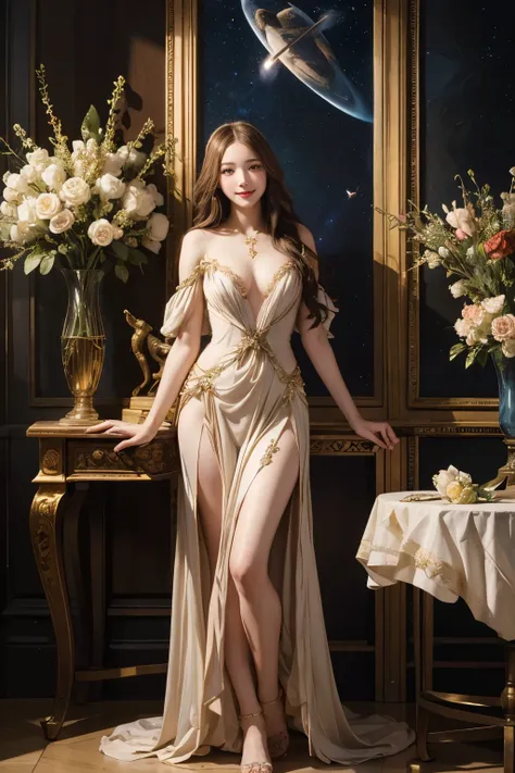 full body portrait or statue、Stained glass、Vigée Leblanc style、math、astronomical machine、astronaut、roses in vase、fruit、Cute trinkets、smile、ancient greek costume、Sandro Botticelli paintings、Costume that stretches your shoulders、A big smile、expression of ecs...