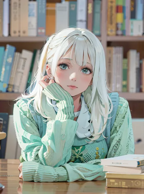 blond haired white hair girl and green sweater sitting at a table, long white hair and bangs, Shirahime cut hairstyle, white hair girl, 完璧なwhite hair girl, have long white hair, with long white hair, One girl has white hair, Real Anime Girls, 短いwhite hair ...